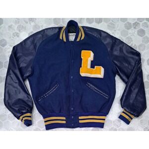 Vintage  DeLong Varsity Letterman Jacket Blue Yellow Size Med. Wool Leather " L"